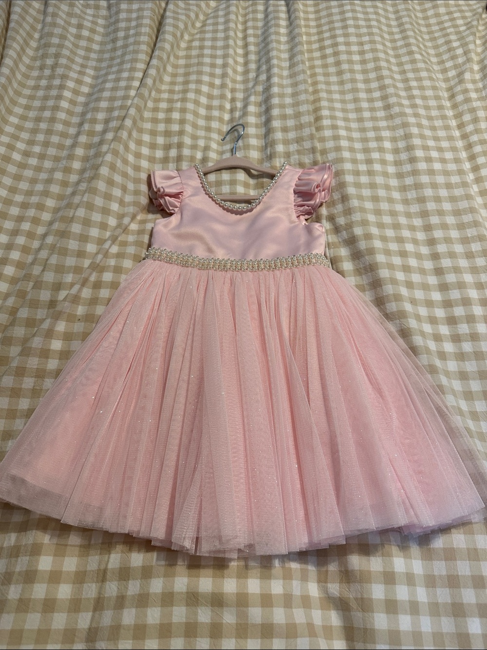 Girls' Pink Tulle Party Dress with Beaded Waistband